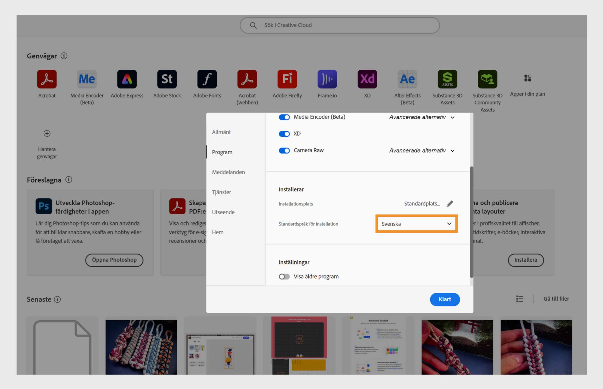 Adobe Creative Cloud-inställningsfönstret som visar alternativ för att välja språk i Creative Cloud-datorprogrammet och standardspråk för installation, med engelska valt.