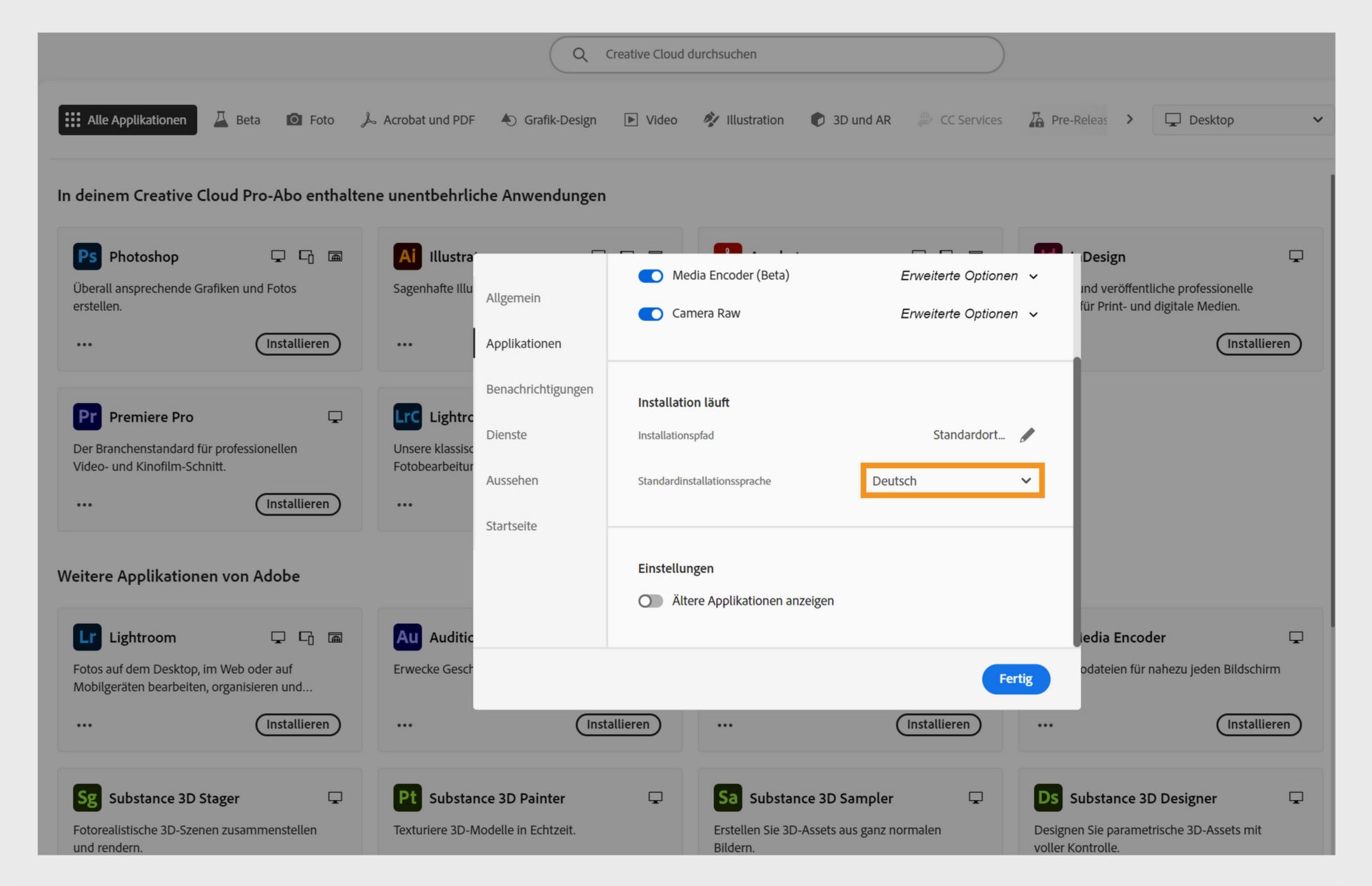 Adobe Creative Cloud-Einstellungsfenster mit Optionen zur Auswahl der Sprache für den Creative Cloud-Client und der Standard-Installationssprache, wobei Englisch ausgewählt ist.