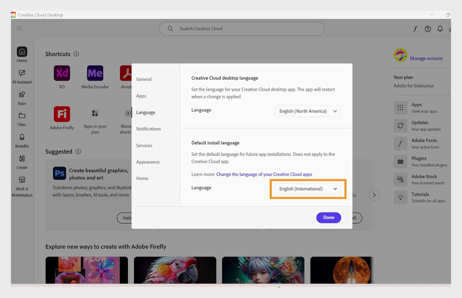 Spustni meni pod Privzeti jezik namestitve omogoča spremembo jezika za prihodnje namestitve programov. 
