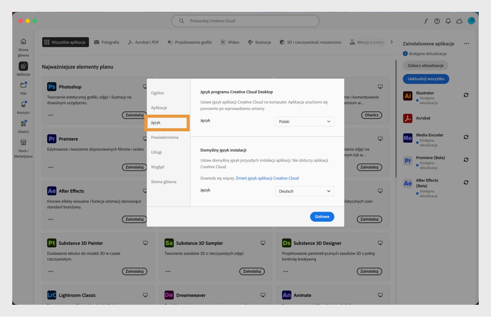 "Panel preferencji Adobe Creative Cloud otwarty na karcie „Język", z wyróżnioną opcją ustawienia domyślnego języka instalacji aplikacji.