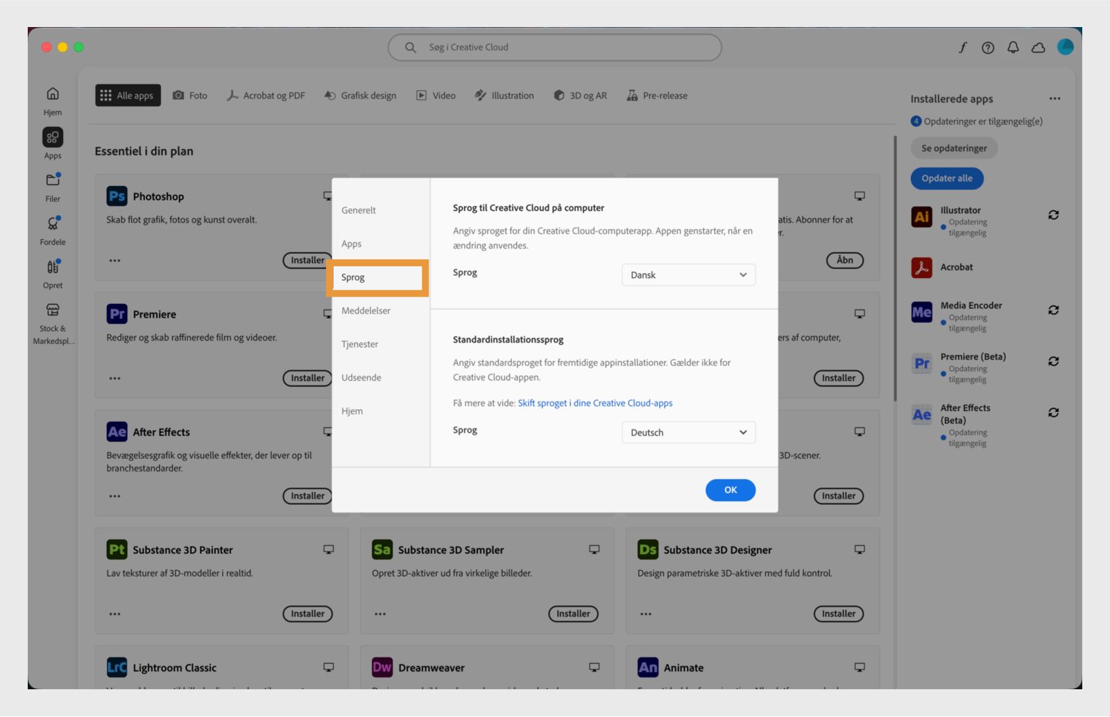 Panelet Præferencer, der er åbent i Adobe Creative Cloud på fanen "Sprog" og fremhæver muligheden for at indstille standardsproget for appinstallation.