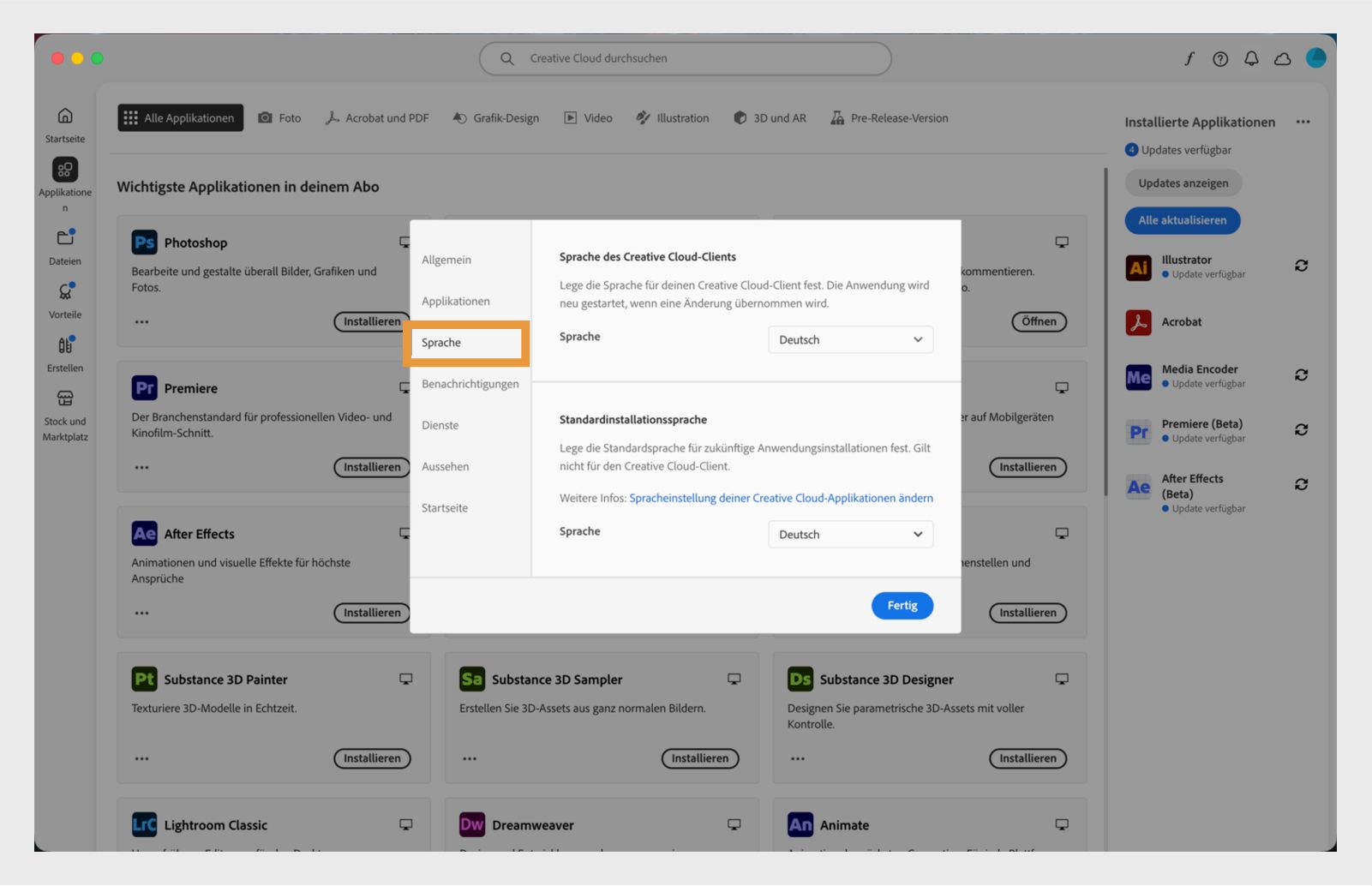 Bedienfeld für Adobe Creative Cloud-Einstellungen, geöffnet auf der Registerkarte „Sprache", mit hervorgehobener Option zur Festlegung der Standardsprache für die Anwendungsinstallation.