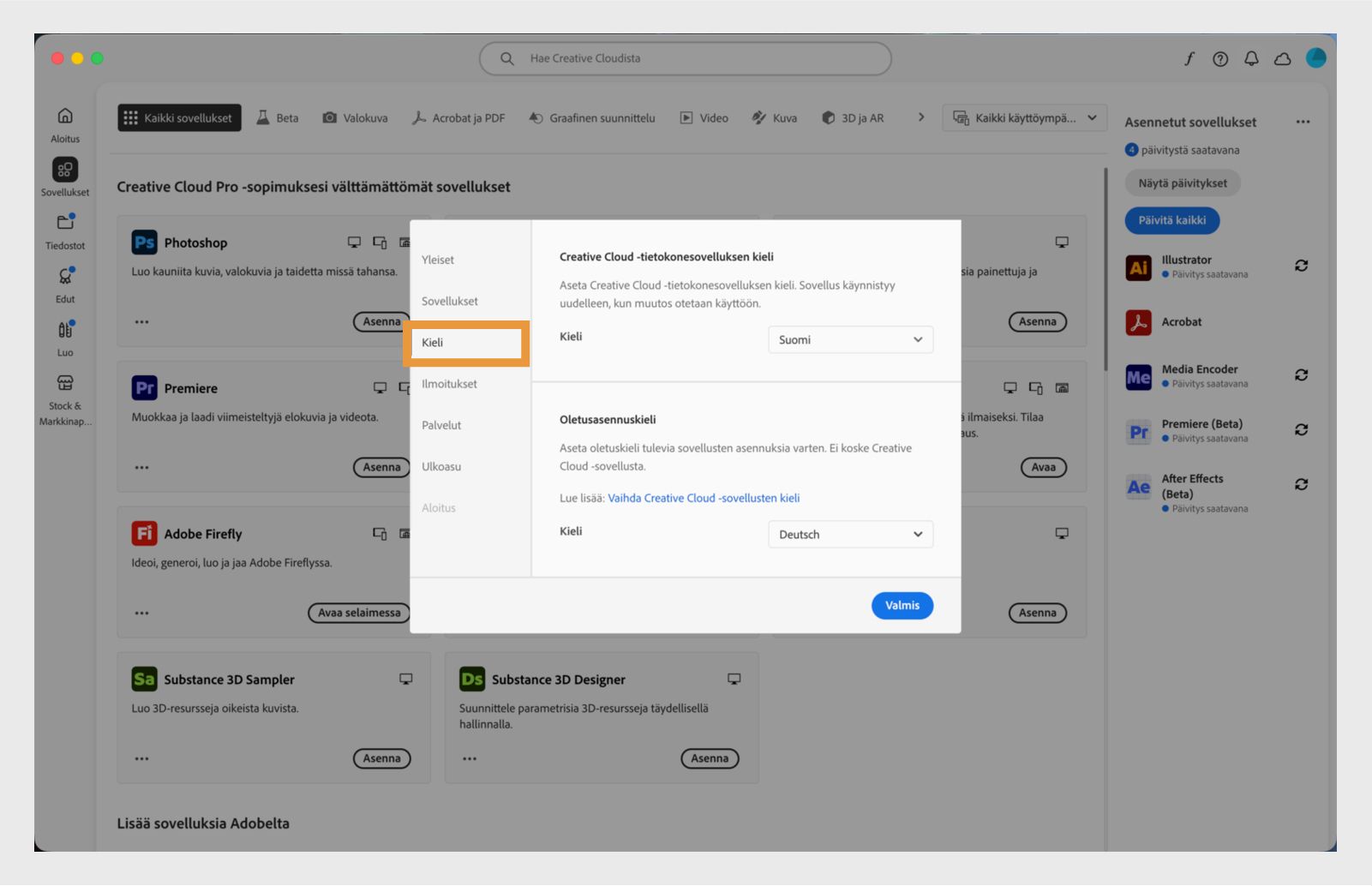 Adobe Creative Cloud -asetusten paneeli on auki ”Kieli”-välilehdellä, jossa korostuu vaihtoehto asettaa sovellusten oletusasennuskieli.