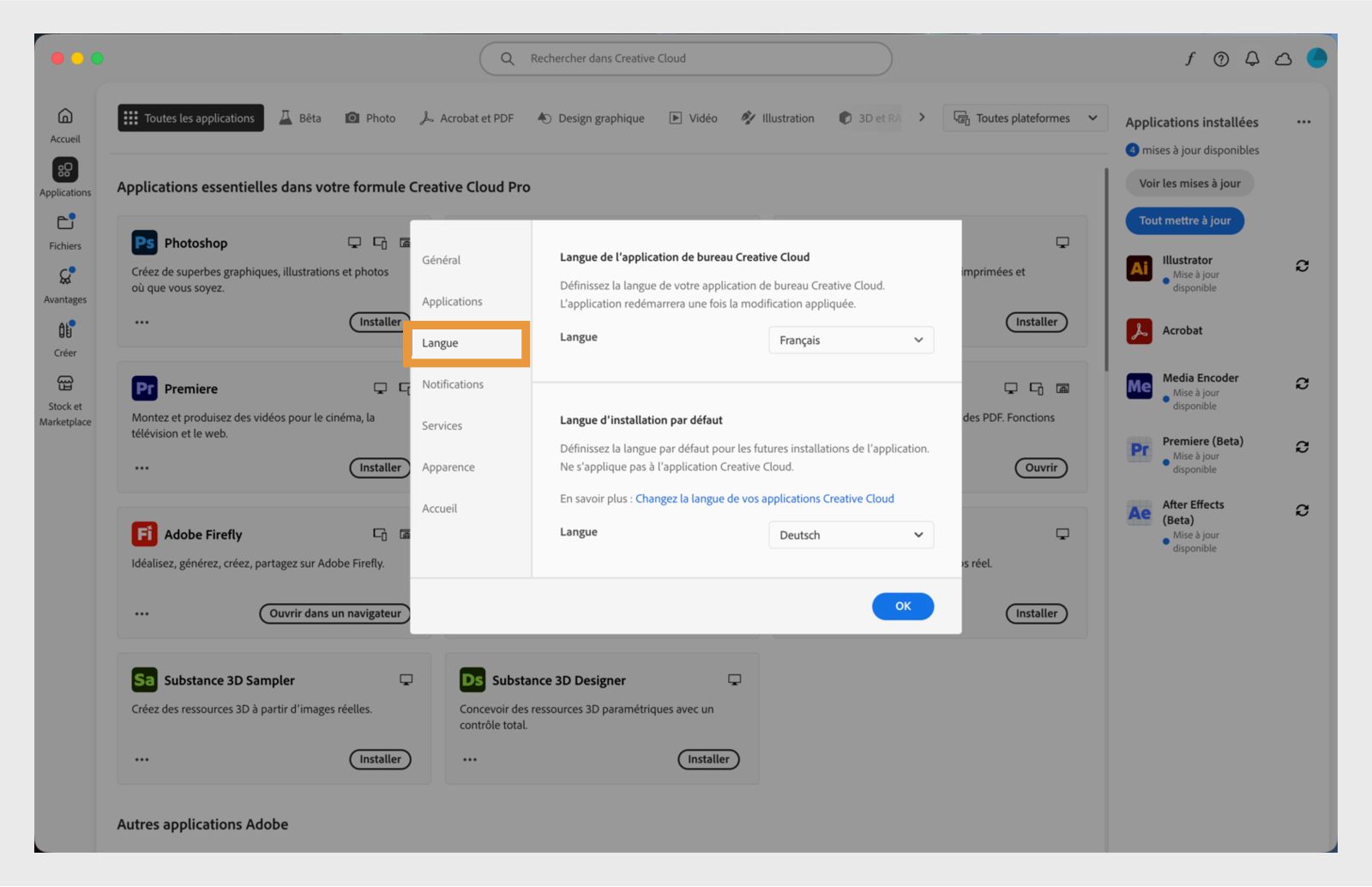 Panneau des préférences d'Adobe Creative Cloud ouvert sur l'onglet « Langue », mettant en évidence l'option permettant de définir la langue d'installation par défaut de l'appli.