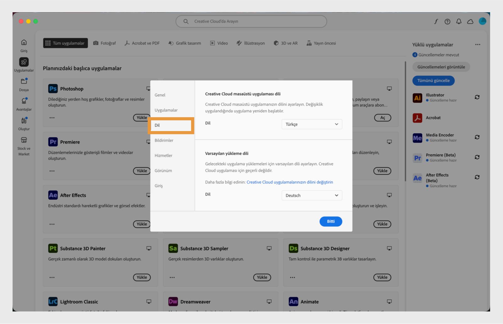 "Dil" sekmesinde açık olan Adobe Creative Cloud tercihler paneli, varsayılan uygulama yükleme dilini ayarlama seçeneğini vurguluyor.