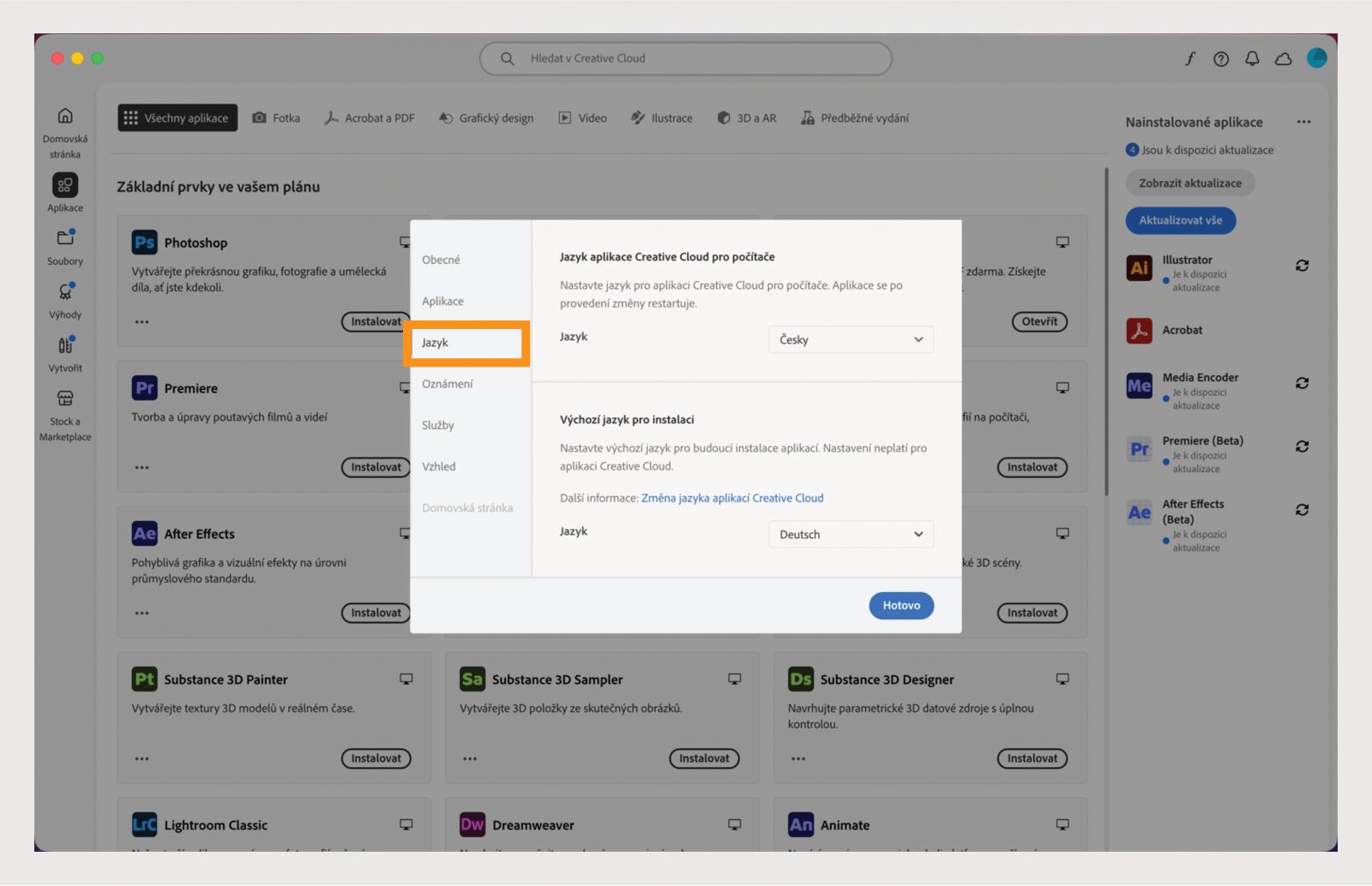 "Panel předvoleb aplikace Adobe Creative Cloud otevřený na kartě „Jazyk" s zvýrazněnou možností nastavení výchozího jazyka instalace aplikací.