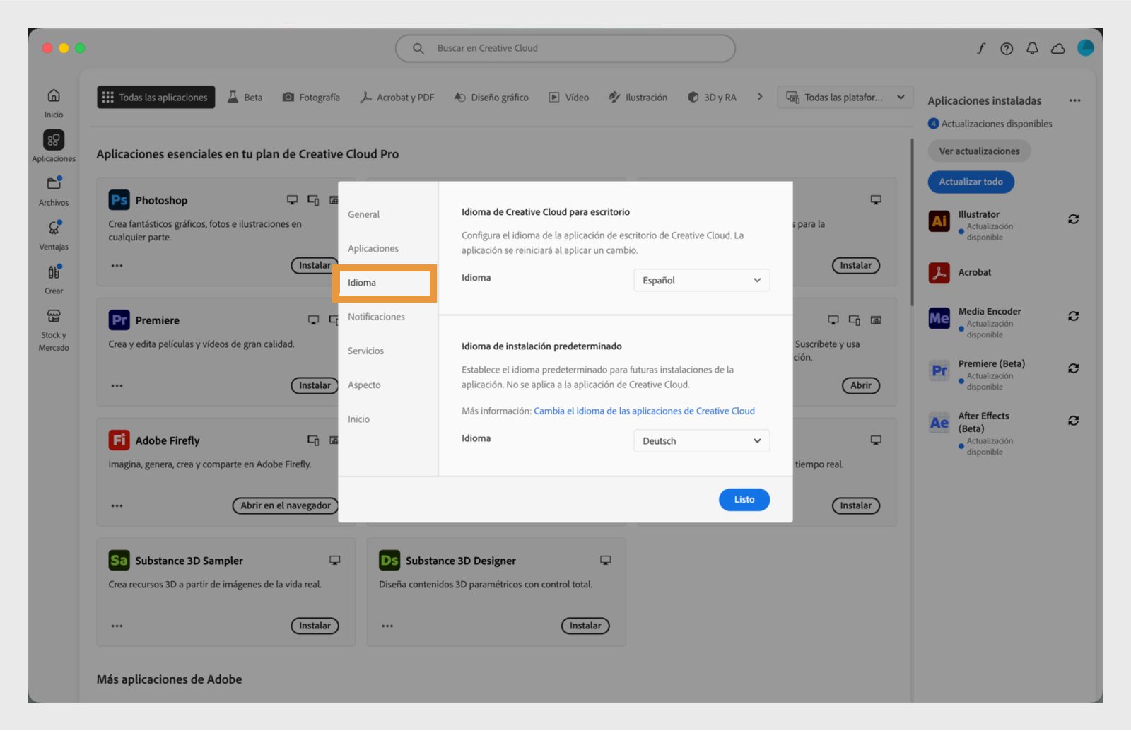 Panel de preferencias de Adobe Creative Cloud abierto en la pestaña "Idioma", resaltando la opción para establecer el idioma de instalación predeterminado de la aplicación.
