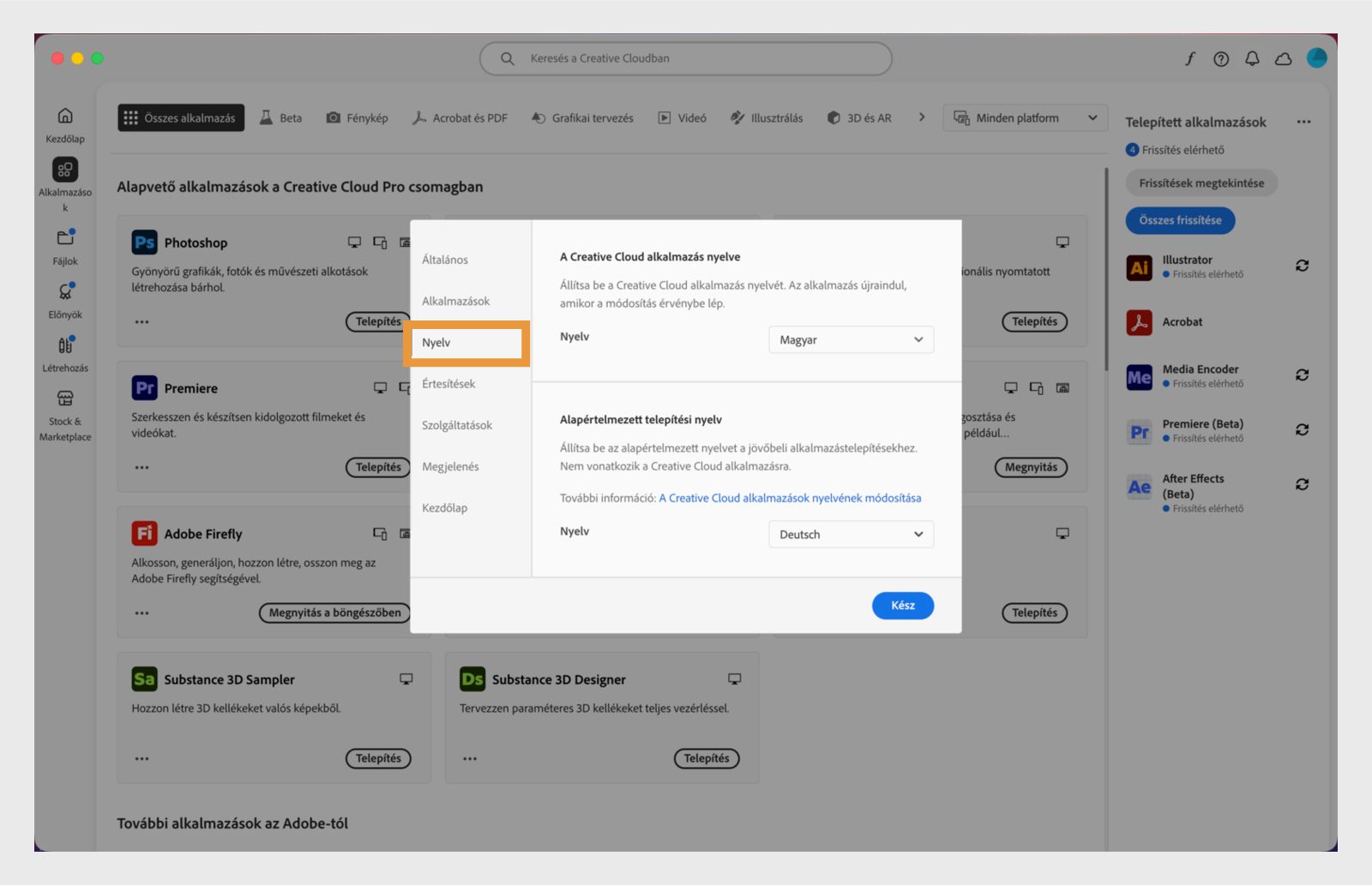 Az Adobe Creative Cloud beállítások panel megnyitva a „Nyelv" fülön, kiemelve az alapértelmezett alkalmazástelepítési nyelv beállításának lehetőségét.