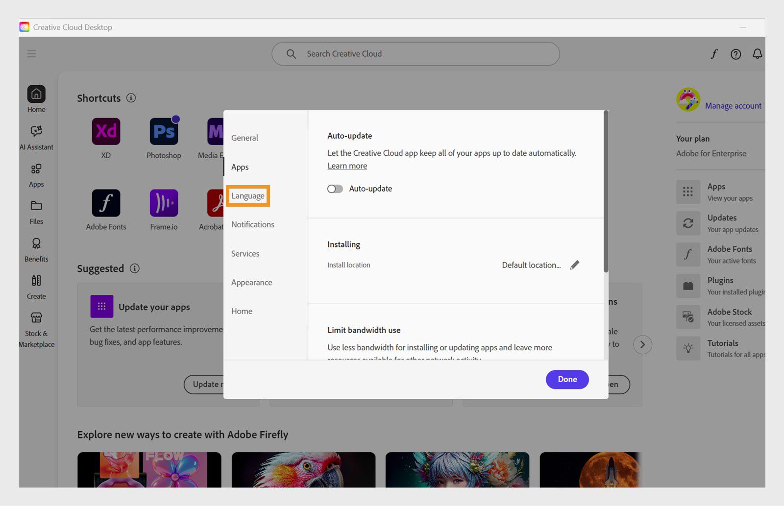 Adobe Creative Cloud preferences panel open on the “Language” tab, highlighting the option to set the default app installation language.