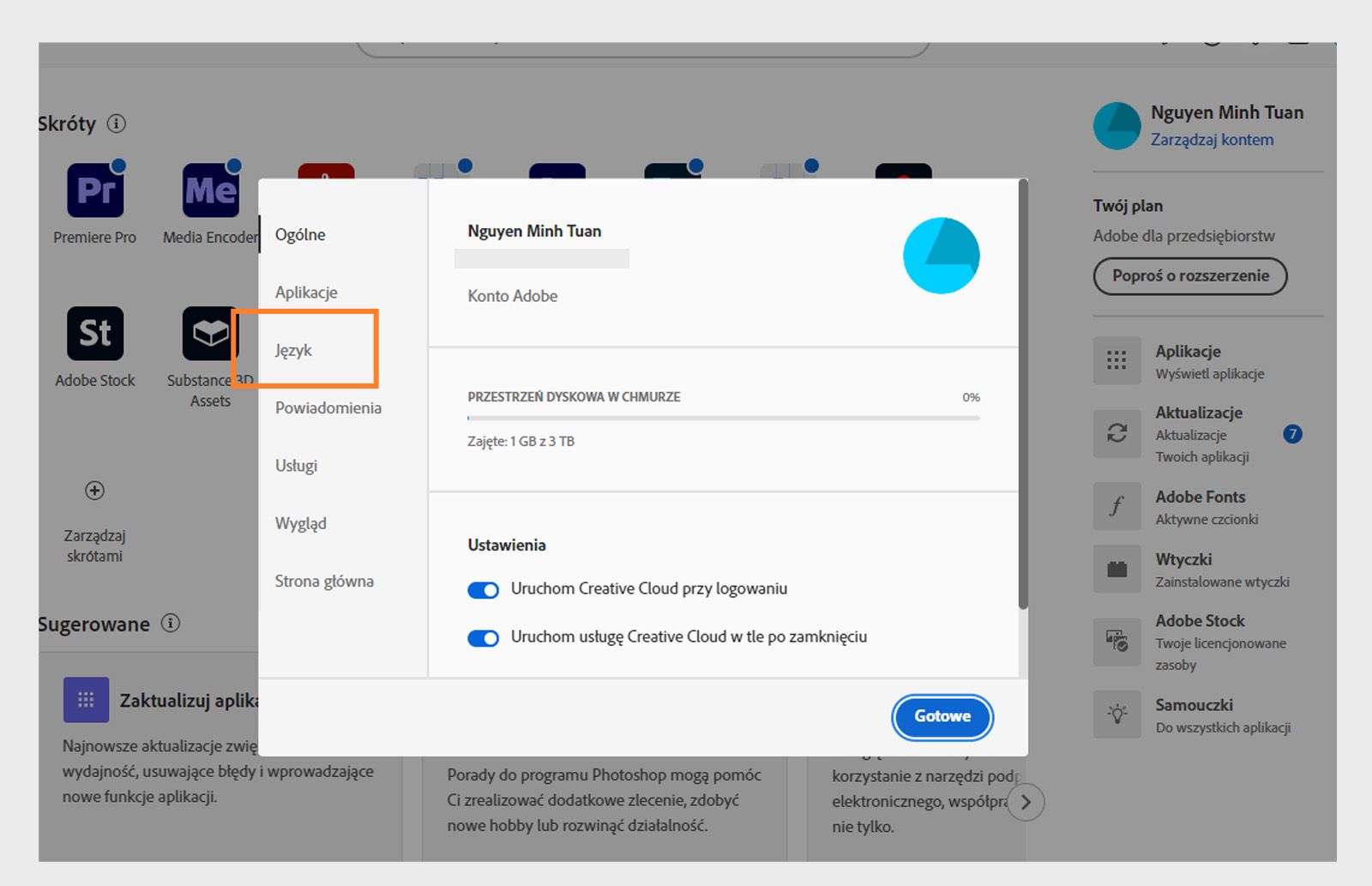 "Panel preferencji Adobe Creative Cloud otwarty na karcie „Język", z wyróżnioną opcją ustawienia domyślnego języka instalacji aplikacji.