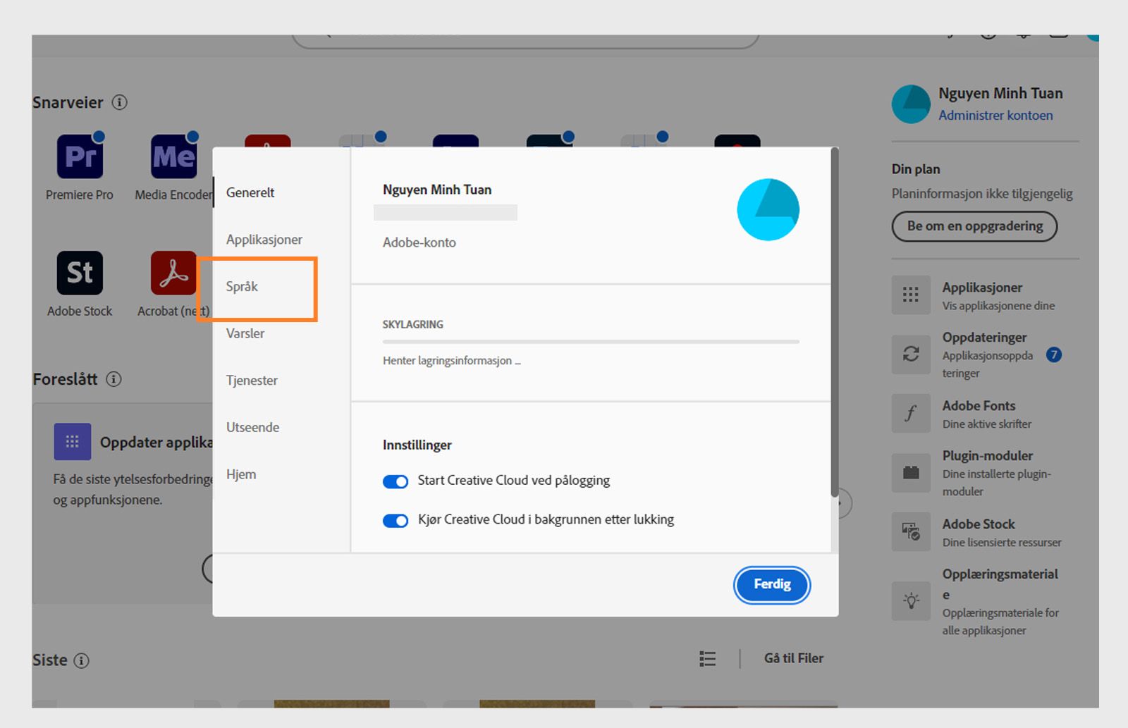 Adobe Creative Cloud-preferansepanelet åpnes i fanen «Språk», og alternativet for å angi standardspråk for appinstallasjon fremheves.