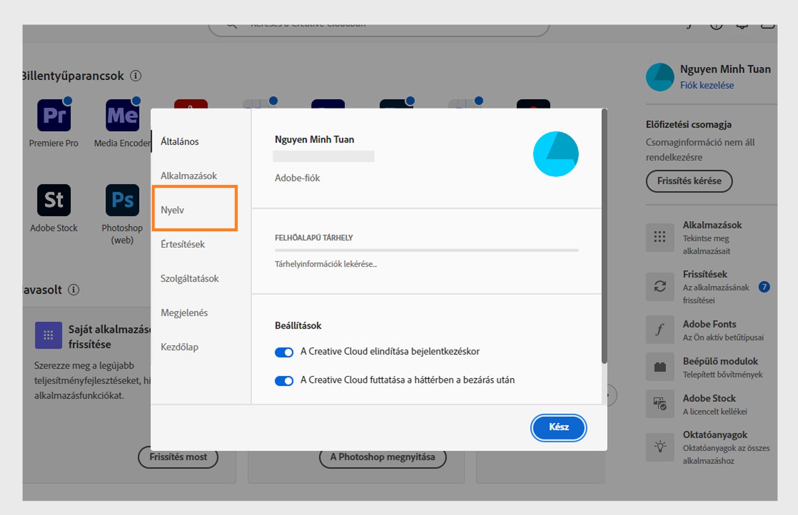 Az Adobe Creative Cloud beállítások panel megnyitva a „Nyelv" fülön, kiemelve az alapértelmezett alkalmazástelepítési nyelv beállításának lehetőségét.