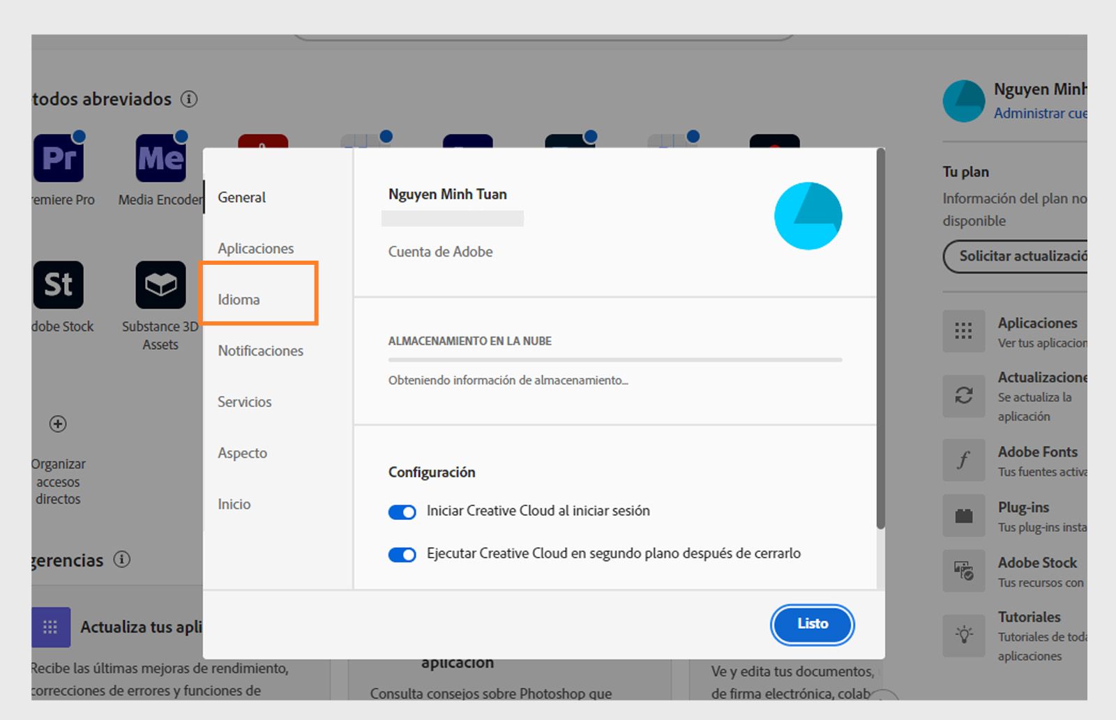Panel de preferencias de Adobe Creative Cloud abierto en la pestaña "Idioma", resaltando la opción para establecer el idioma de instalación predeterminado de la aplicación.