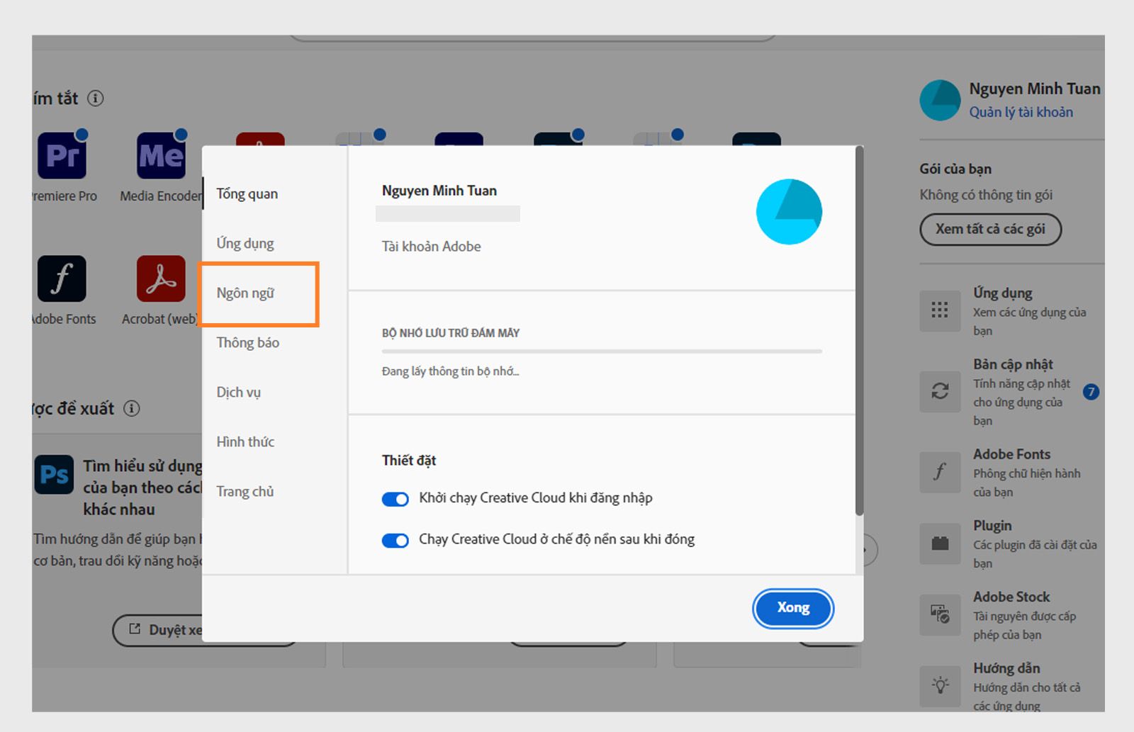 Bảng tùy chọn Adobe Creative Cloud đang mở ở tab "Ngôn ngữ", làm nổi bật tùy chọn để đặt ngôn ngữ cài đặt ứng dụng mặc định.