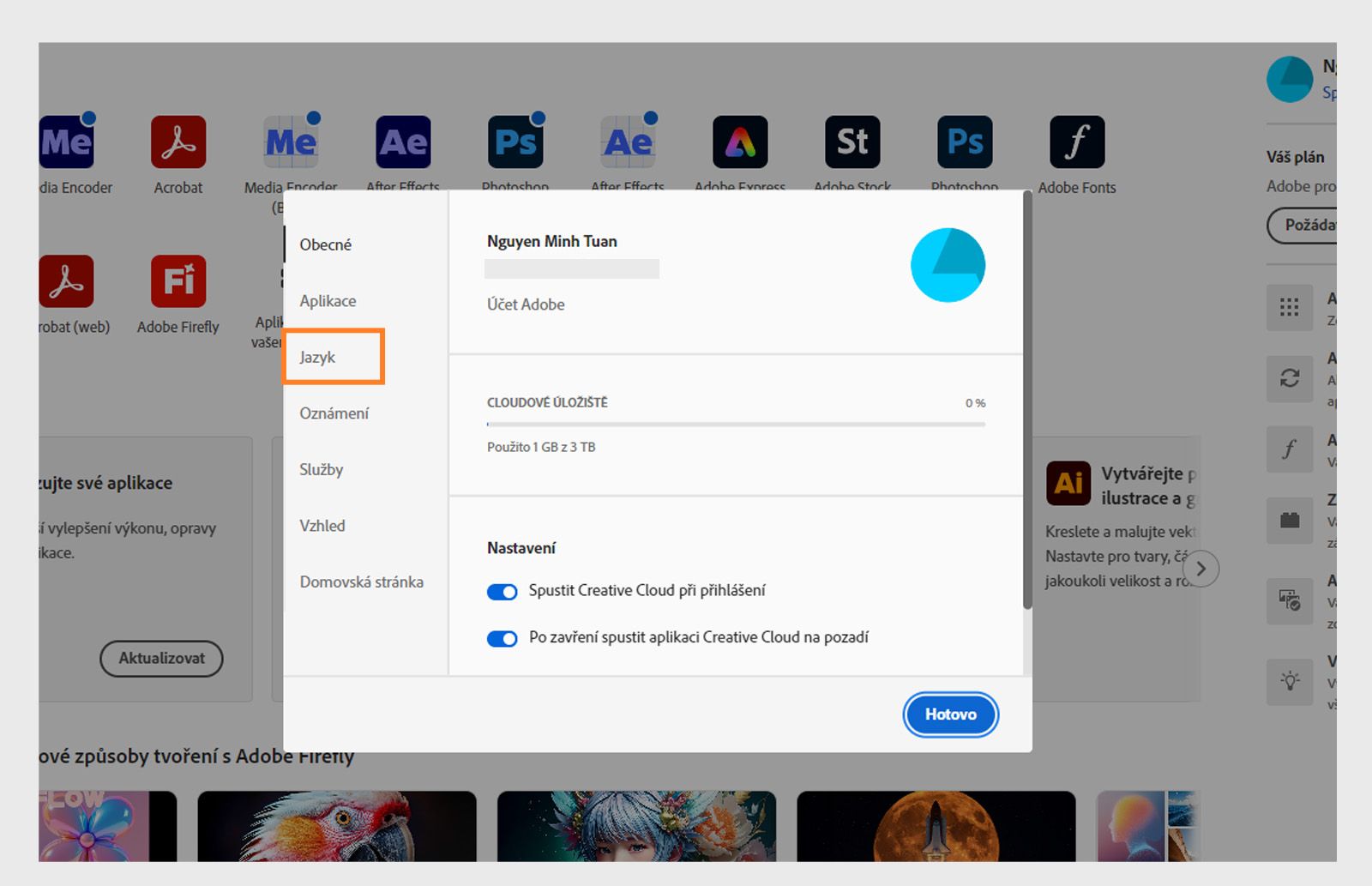 "Panel předvoleb aplikace Adobe Creative Cloud otevřený na kartě „Jazyk" s zvýrazněnou možností nastavení výchozího jazyka instalace aplikací.
