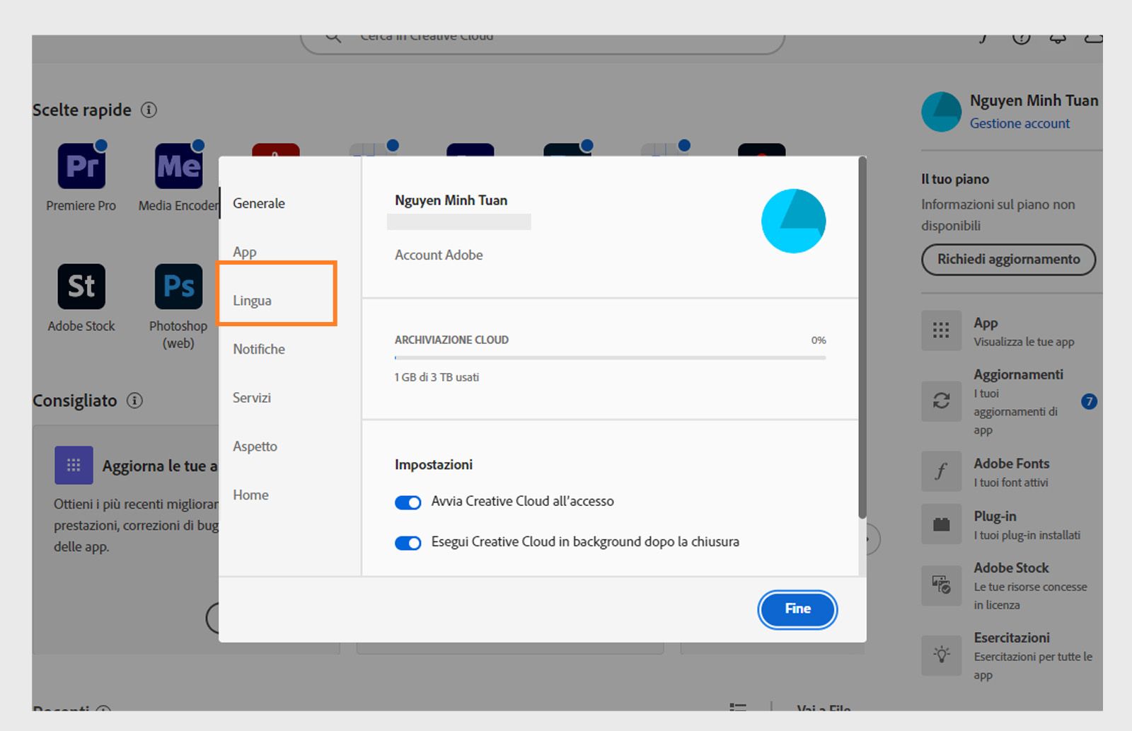Pannello delle preferenze di Adobe Creative Cloud aperto sulla scheda "Lingua", che evidenzia l'opzione per impostare la lingua predefinita di installazione dell'Applicazione.