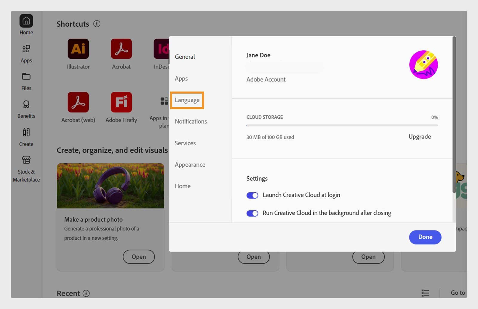 Панелът с предпочитания на Adobe Creative Cloud е отворен на раздела "Език", като се подчертава опцията за задаване на езика по подразбиране за инсталиране на приложението.