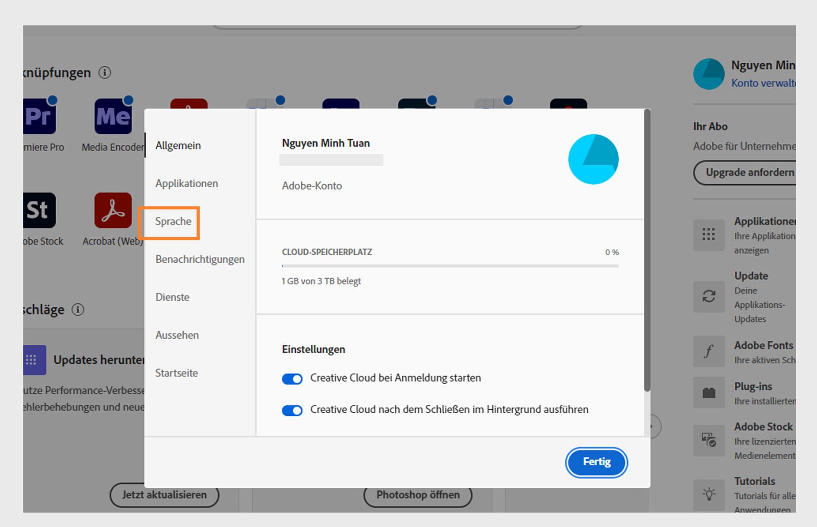 Bedienfeld für Adobe Creative Cloud-Einstellungen, geöffnet auf der Registerkarte „Sprache", mit hervorgehobener Option zur Festlegung der Standardsprache für die Anwendungsinstallation.