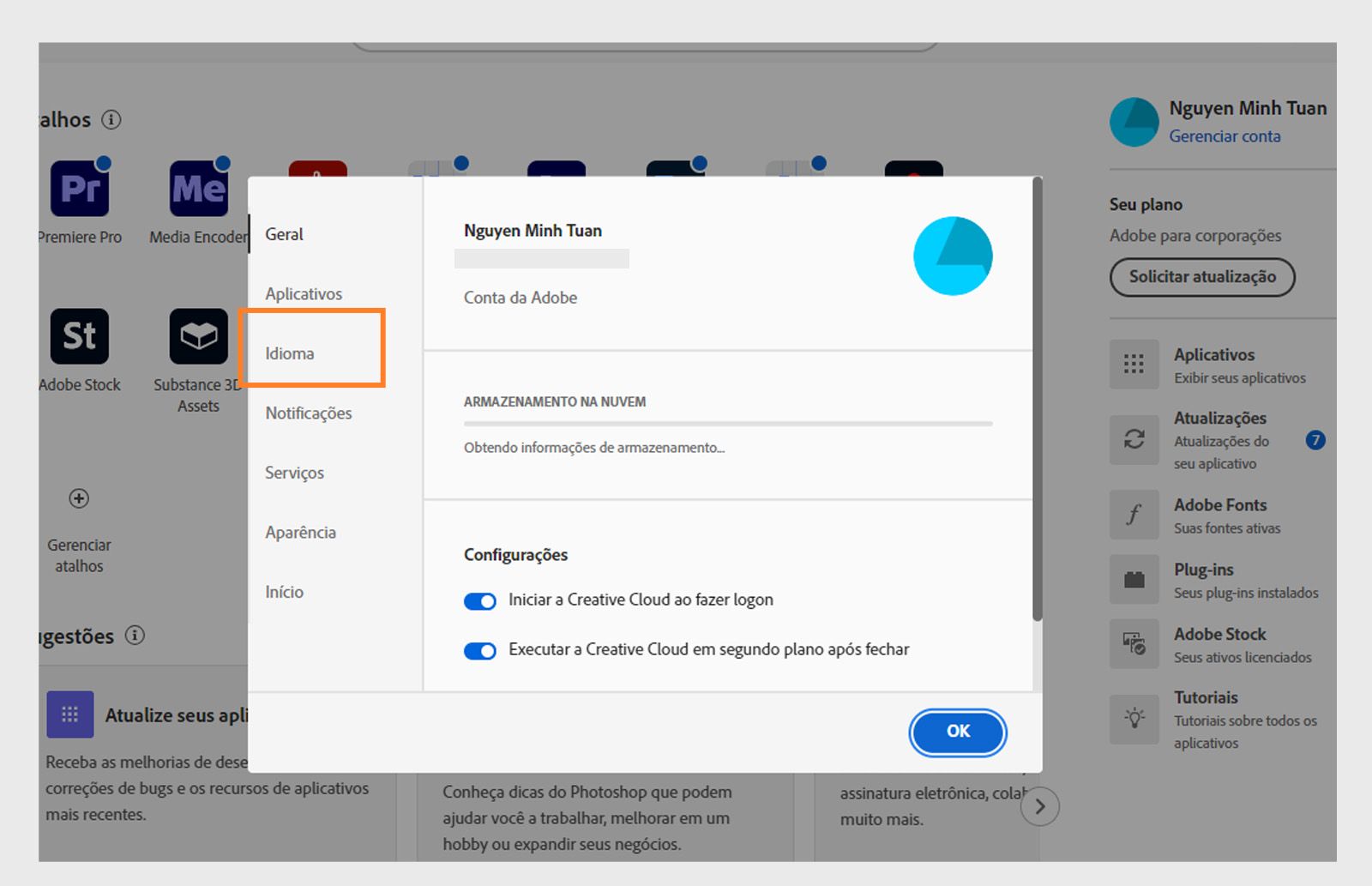 Painel de preferências do Adobe Creative Cloud aberto na guia "Idioma", destacando a opção para definir o idioma padrão de instalação do aplicativo.