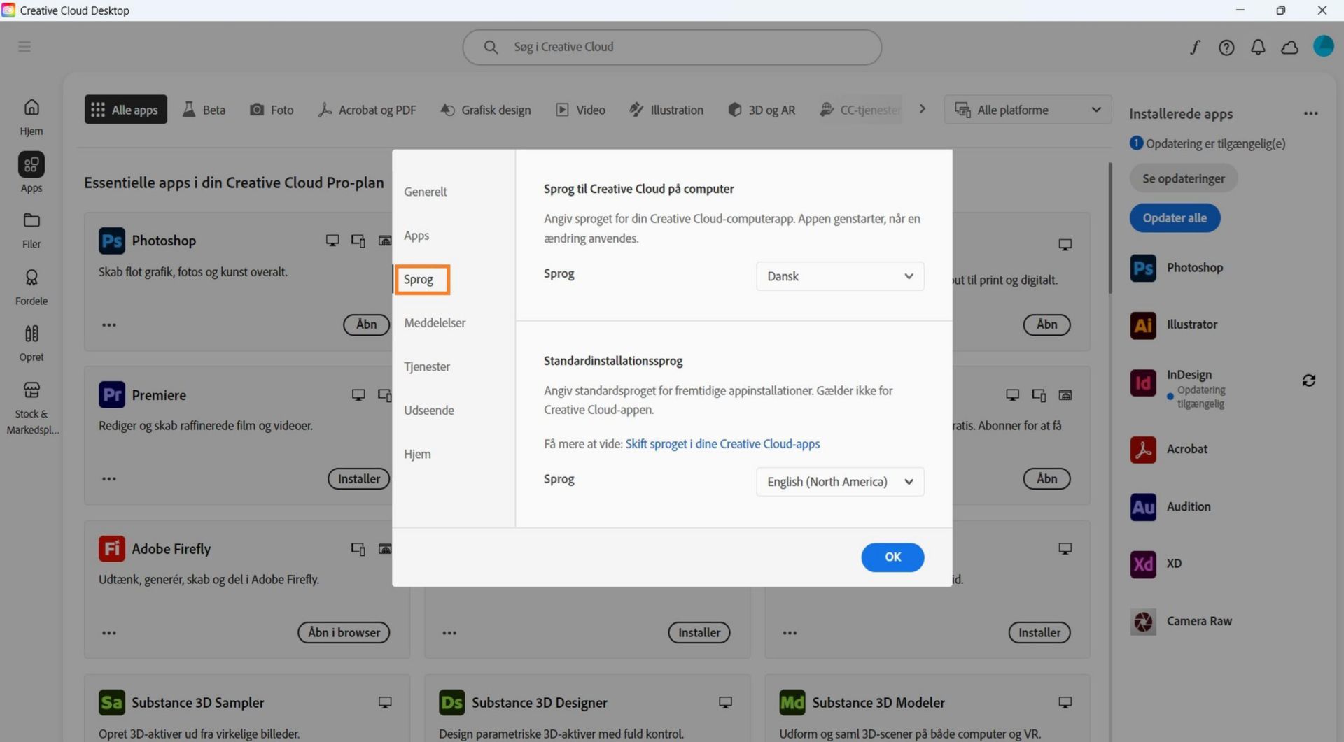 Fanen Apps i vinduet Præferencer viser muligheder for at aktivere eller deaktivere automatiske opdateringer. Vælg installationsplacering og standardinstallationssprog og se ældre apps. 
