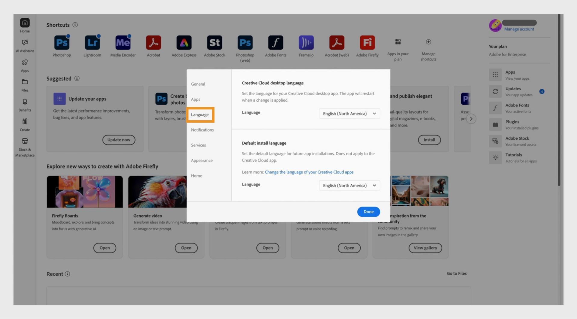 Na zavihku Apps (Programi) v oknu Preferences (Nastavitve) so prikazane možnosti za omogočanje ali onemogočanje samodejnega posodabljanja, izbiro mesta za namestitev in privzetega jezika za namestitev ter prikaz starejših programov. 