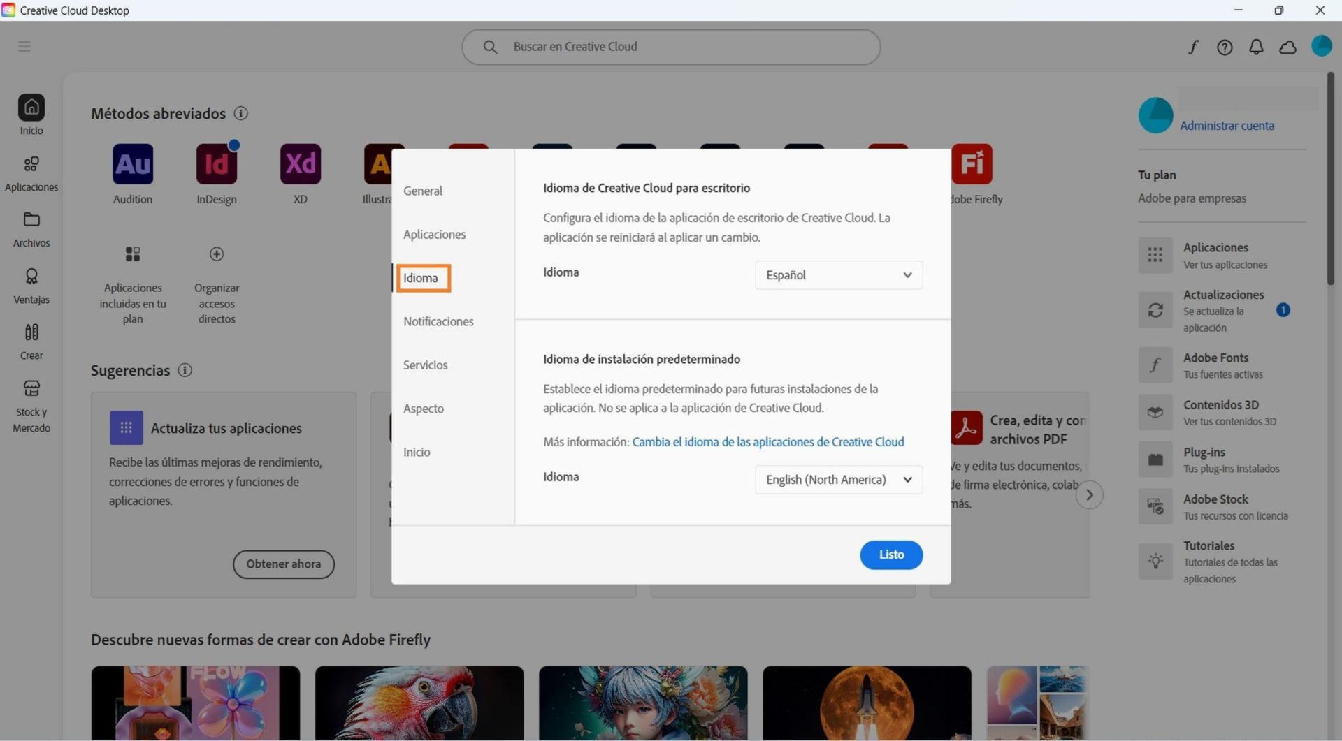 La pestaña Aplicaciones de la ventana Preferencias muestra opciones para habilitar o deshabilitar las actualizaciones automáticas, seleccionar la ubicación de instalación y el idioma de instalación predeterminados y ver aplicaciones más antiguas. 