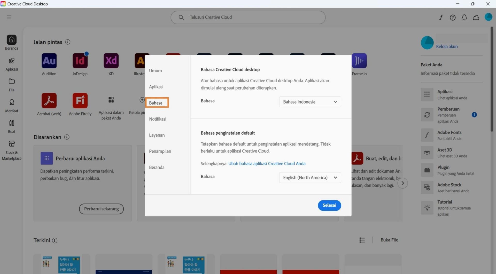 Tab Aplikasi pada jendela Preferensi menampilkan opsi untuk mengaktifkan atau menonaktifkan pembaruan otomatis, memilih lokasi penginstalan dan bahasa penginstalan default, serta melihat aplikasi lama. 