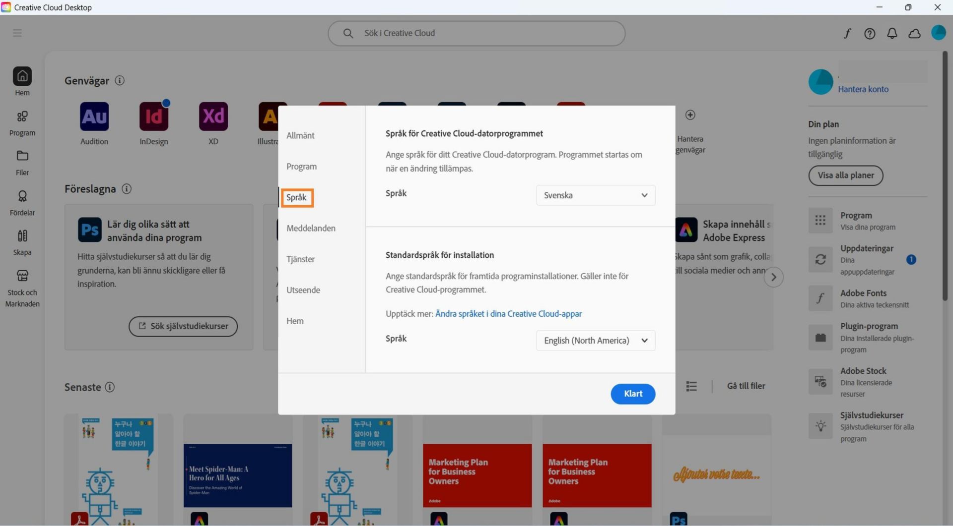 Fliken Program i fönstret Inställningar visar alternativ för att aktivera eller inaktivera automatiska uppdateringar, välja installationsplats och standardinstallationsspråk samt visa äldre program. 