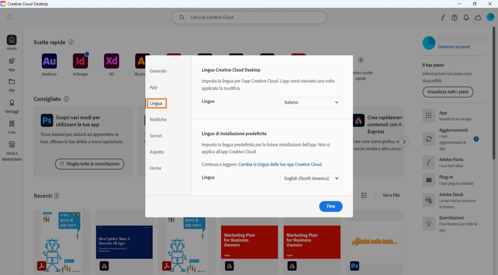 La scheda App della finestra Preferenze mostra le opzioni per abilitare o disabilitare gli aggiornamenti automatici, selezionare il percorso di installazione e la lingua di installazione predefinita e visualizzare le app meno recenti. 
