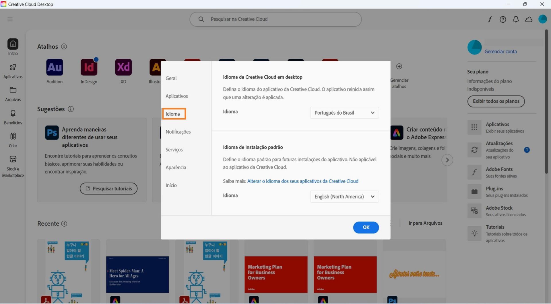 A guia Aplicativos da janela Preferências mostra opções para habilitar ou desabilitar atualizações automáticas, selecionar o local de instalação e o idioma de instalação padrão e visualizar aplicativos mais antigos. 