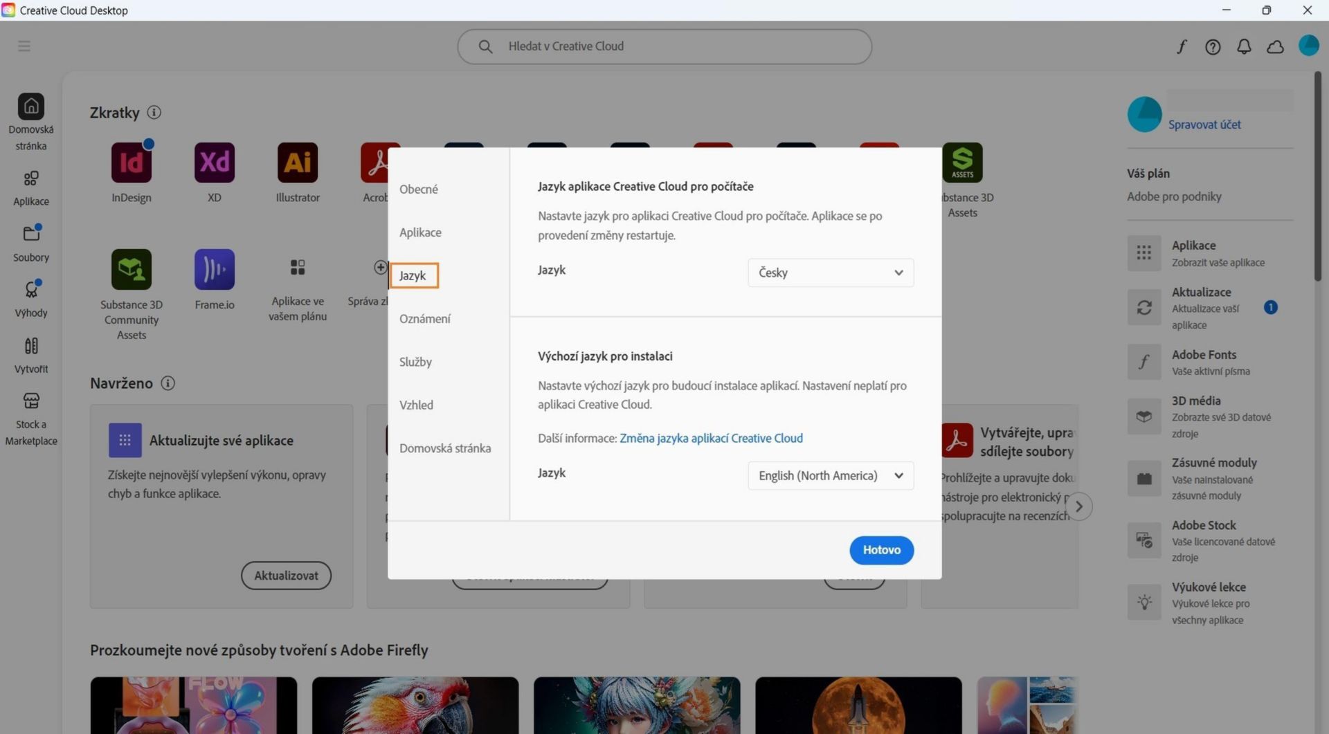 Karta Aplikace v okně Předvolby zobrazuje možnosti pro povolení nebo zakázání automatických aktualizací, výběr umístění instalace a výchozího jazyka instalace a zobrazení starších aplikací. 