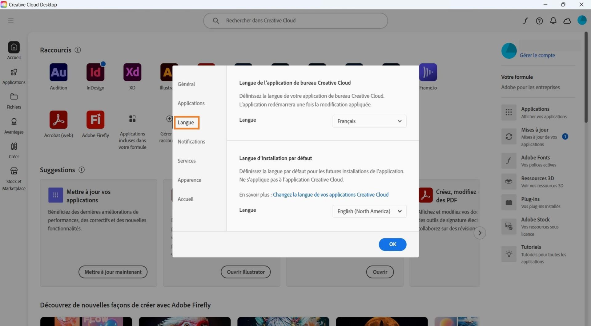 L’onglet Applications de la fenêtre Préférences affiche les options permettant d’activer ou de désactiver les mises à jour automatiques, de sélectionner l’emplacement d’installation et la langue d’installation par défaut et d’afficher les applications plus anciennes. 
