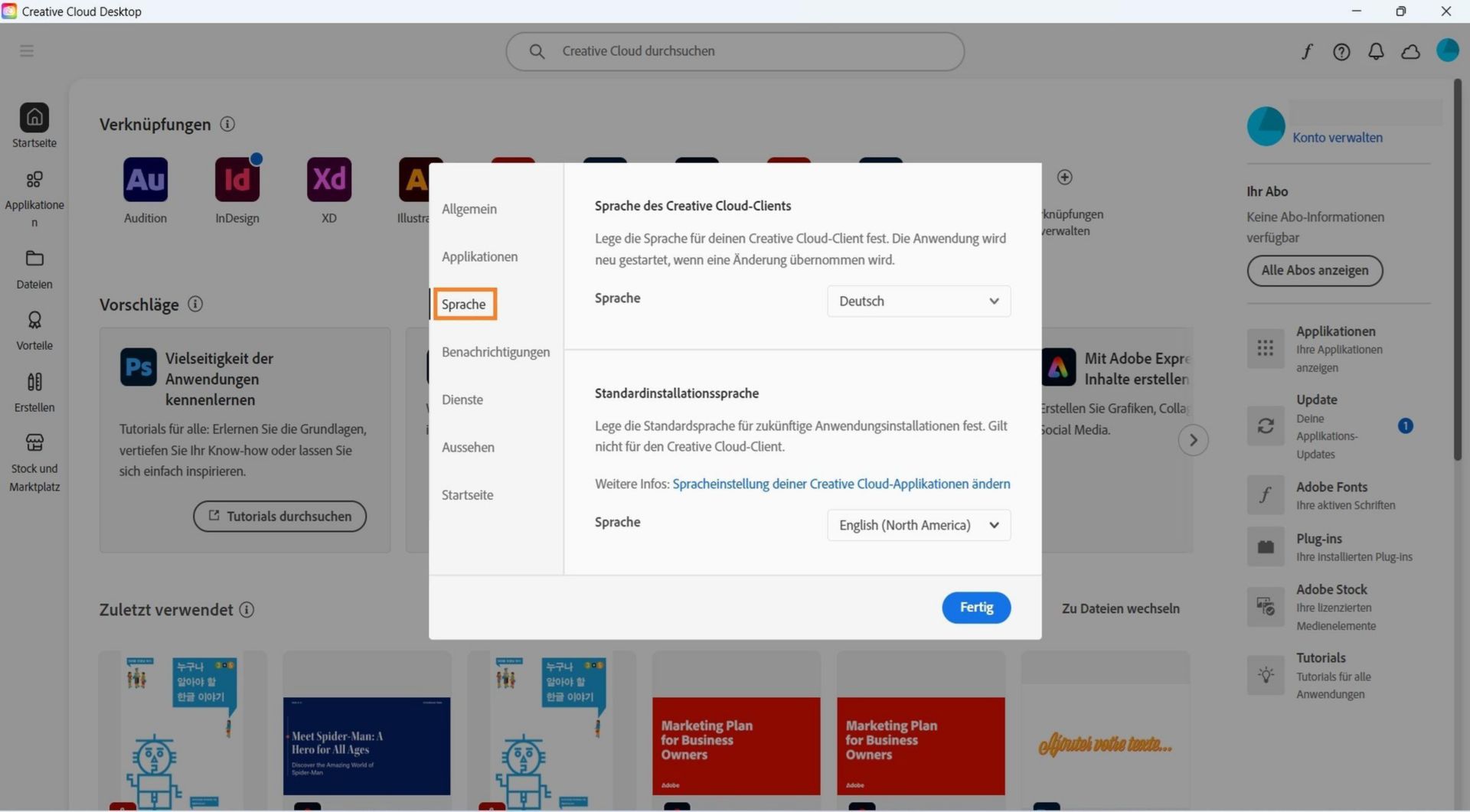 Auf der Registerkarte „Applikationen“ des Fensters „Voreinstellungen“ werden Optionen zum Aktivieren oder Deaktivieren der automatischen Aktualisierung, zum Auswählen des Installationspfads und der Standardinstallationssprache sowie ältere Applikationen angezeigt. 