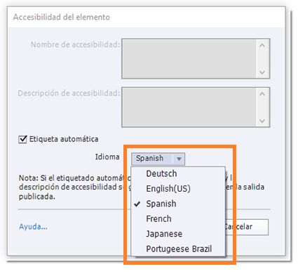 Seleccione el idioma deseado en el menú desplegable del elemento Accesibilidad.