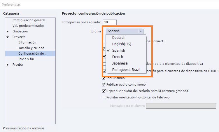 Seleccione el idioma deseado en el menú desplegable de Configuración de publicación.