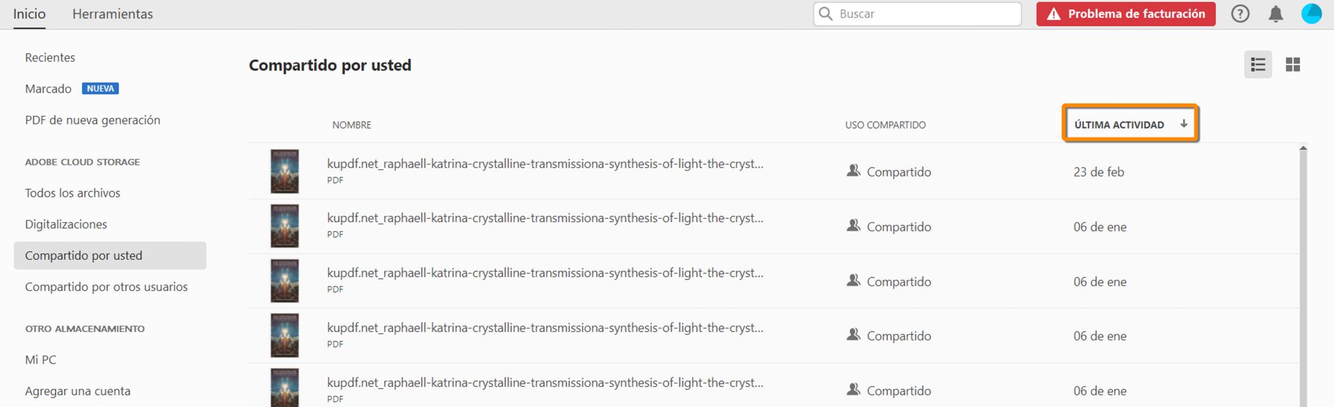 Ordenar archivos PDF compartidos por Última actividad