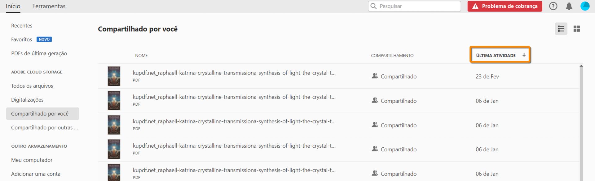 Classificar PDFs compartilhados pela Última atividade