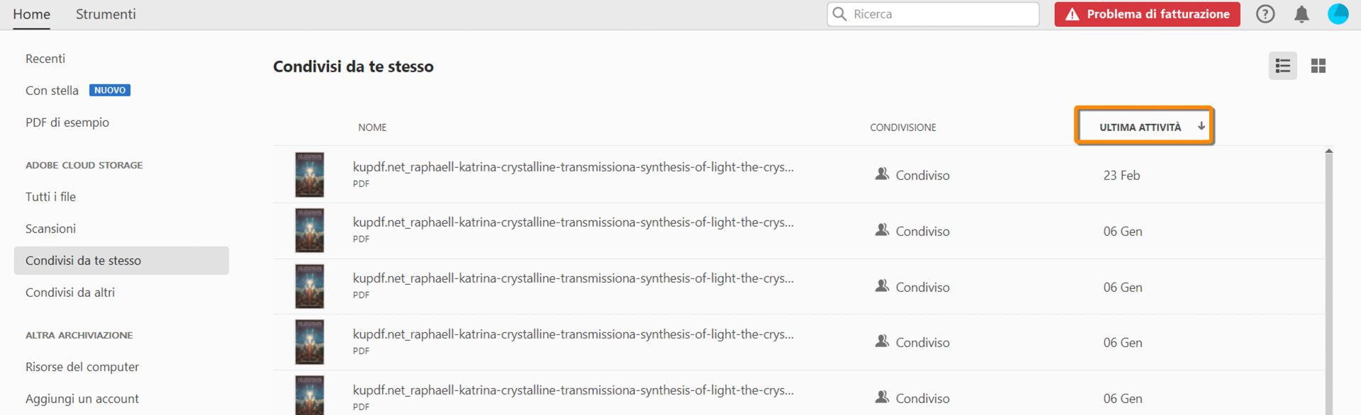 Ordinare i PDF condivisi per ultima attività