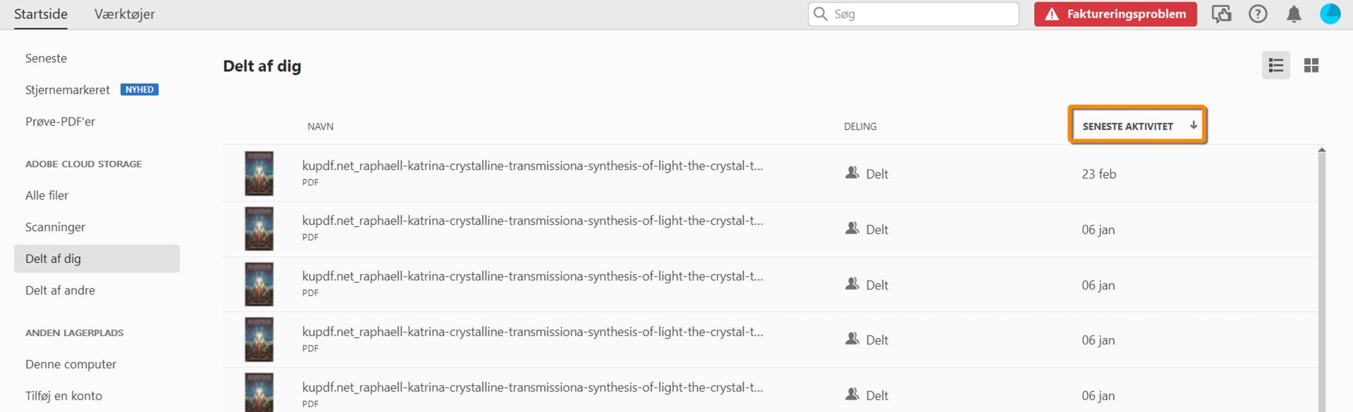 Sortér delte PDF'er efter Sidste aktivitet