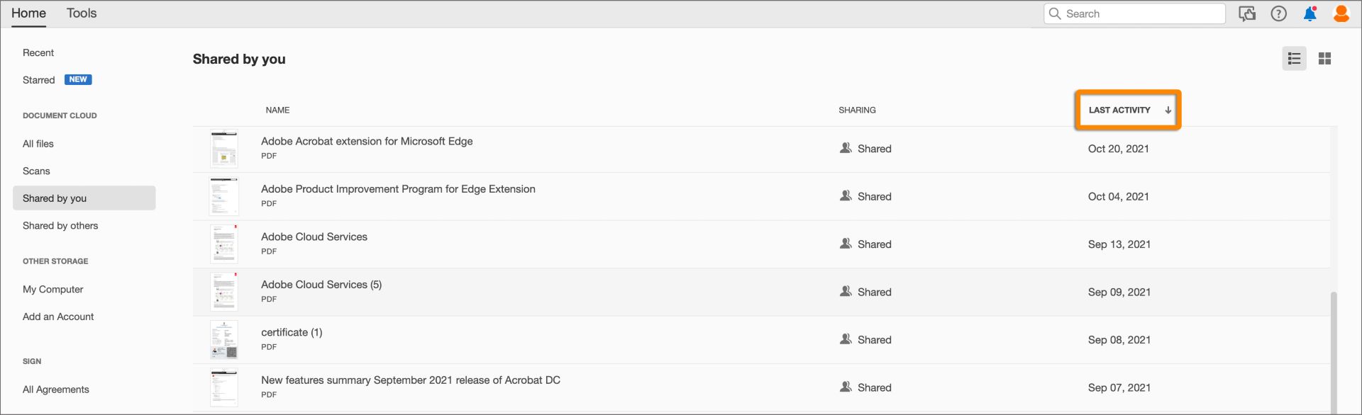 Triediť zdieľané súbory PDF podľa poslednej aktivity 