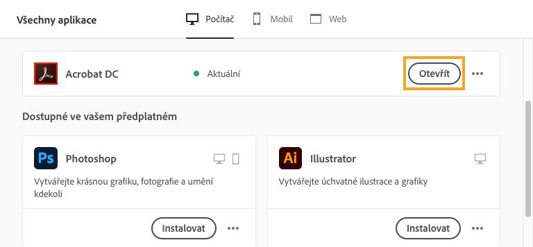 Spusťte produkt z aplikace Creative Cloud pro počítače