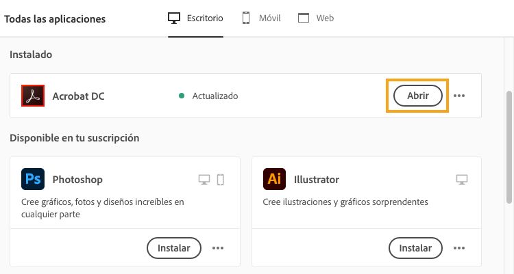 Iniciar el producto en la aplicación de escritorio de Creative Cloud