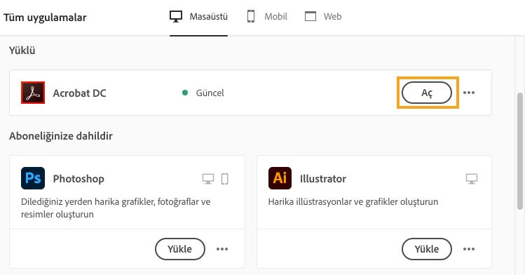 Creative Cloud masaüstü uygulamasından ürünü başlatma