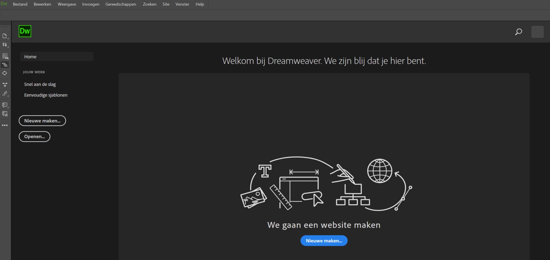 Startscherm voor Dreamweaver
