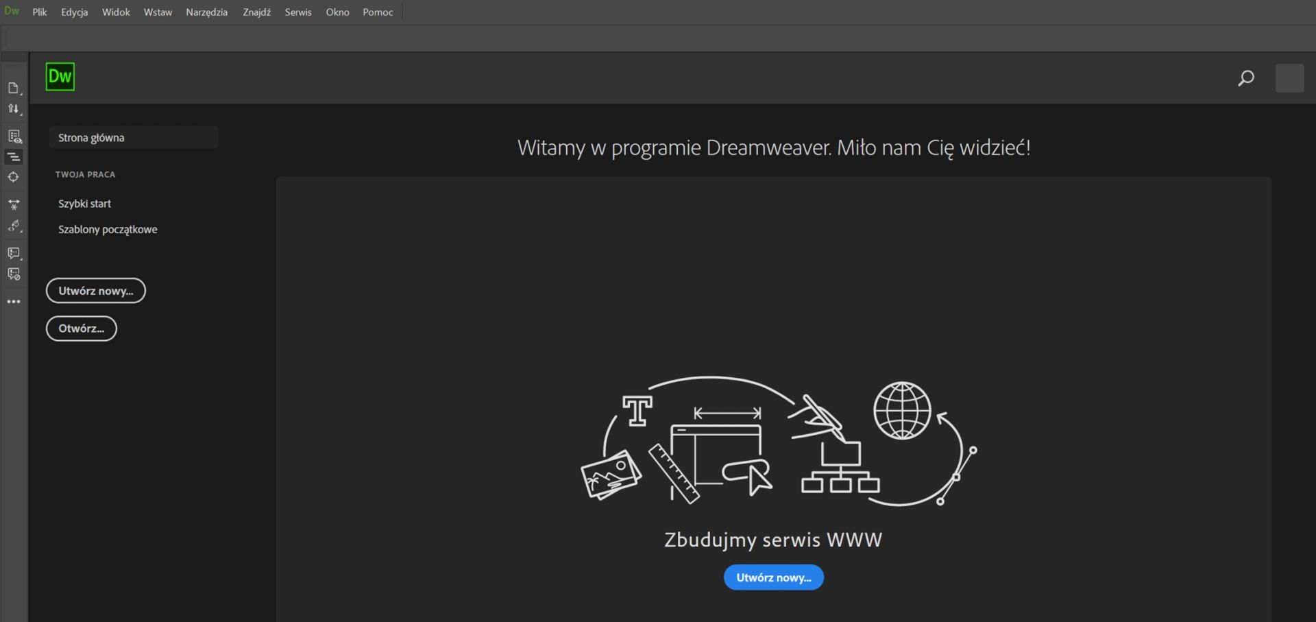 Ekran uruchamiania programu Dreamweaver