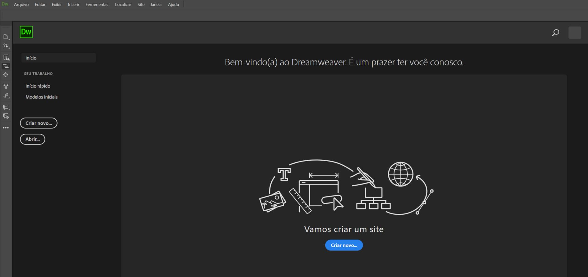 Tela inicial do Dreamweaver