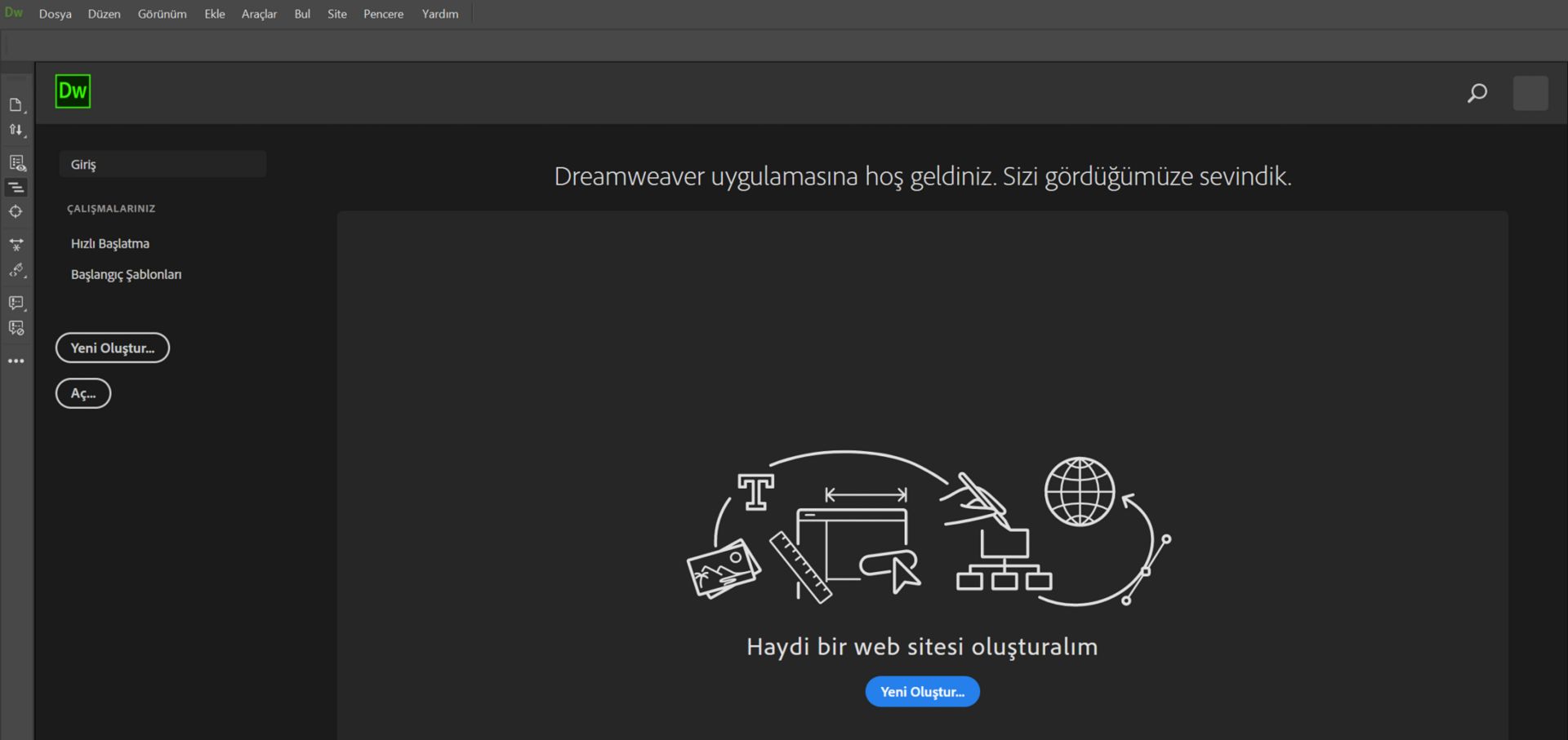 Dreamweaver başlangıç ekranı