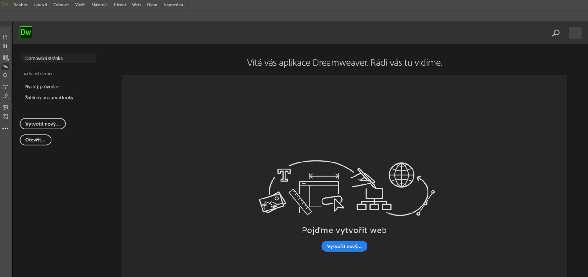 Úvodní obrazovka aplikace Dreamweaver