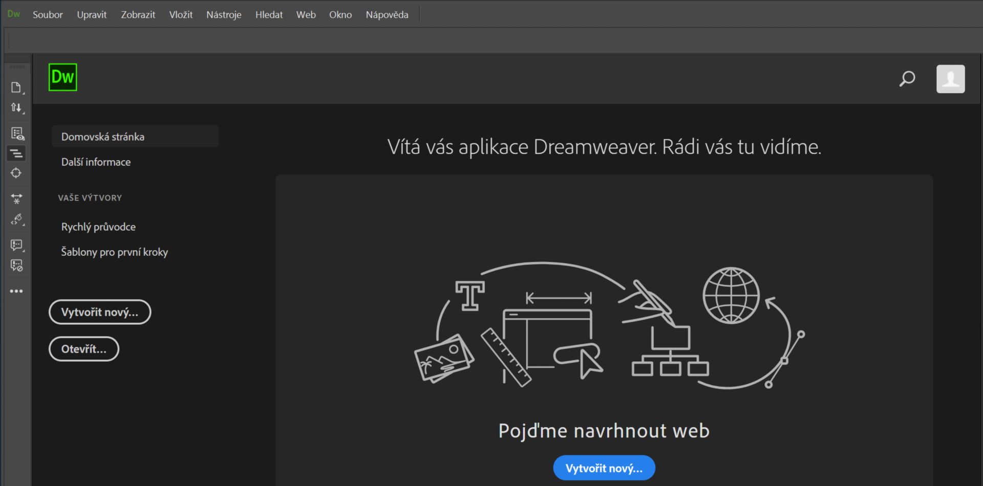 Úvodní pracovní plocha v aplikaci Dreamweaver