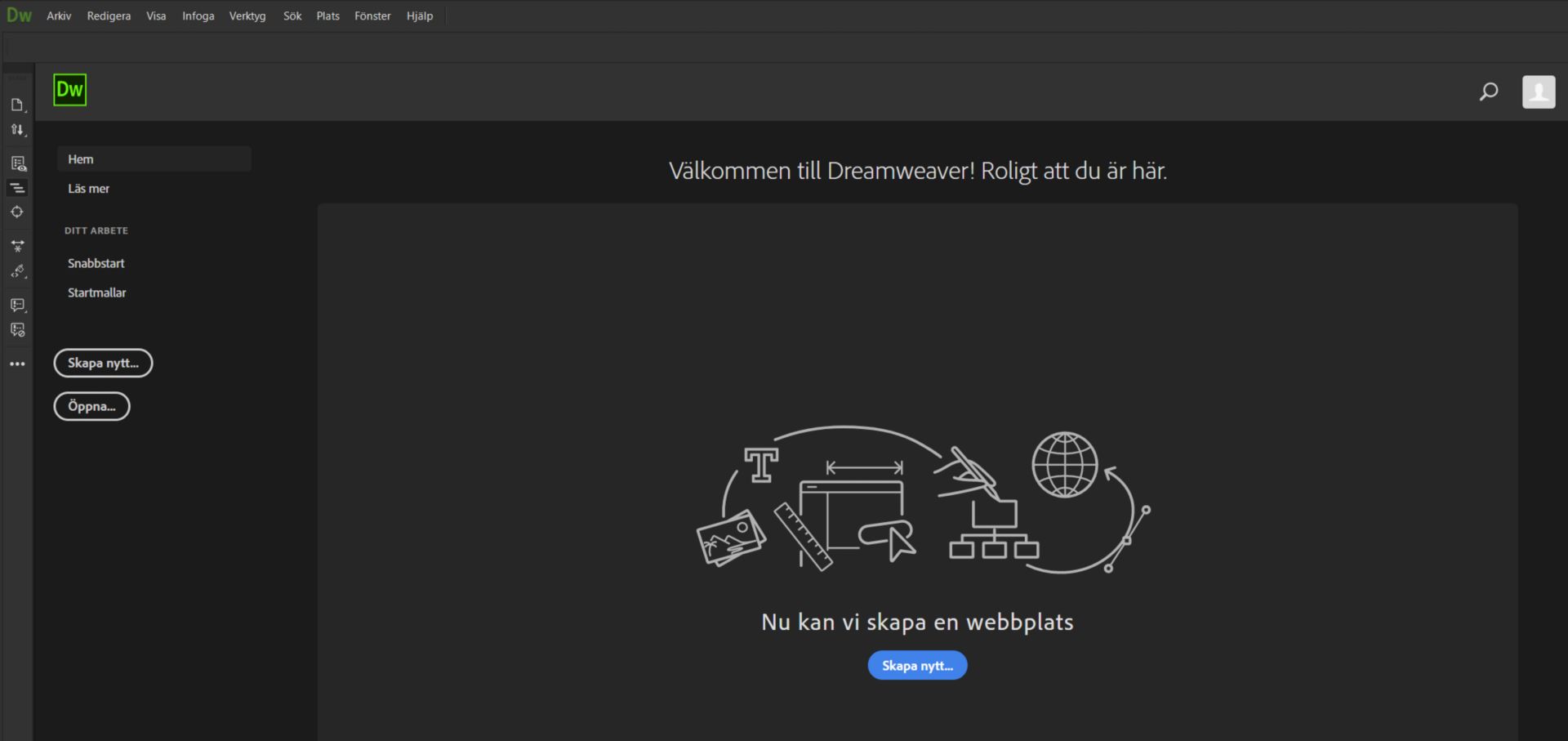 Arbetsytan Start i Dreamweaver